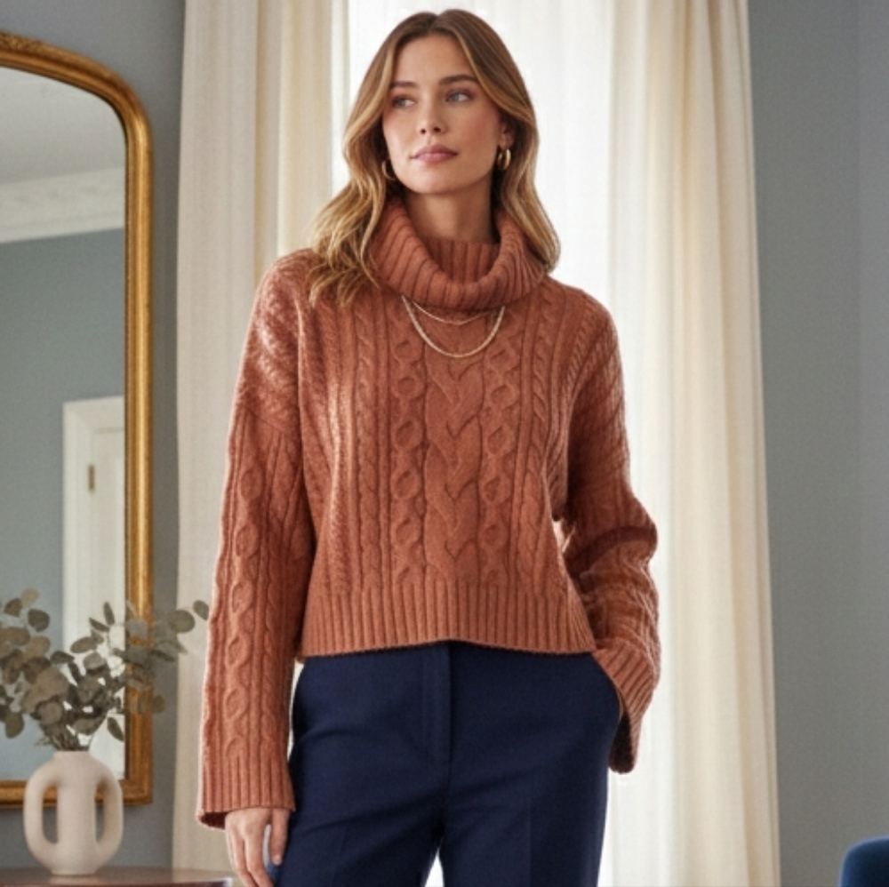 NWT WAYF Fisherman Chunky Cable Knit Crop Turtleneck Size S Old Money Classic